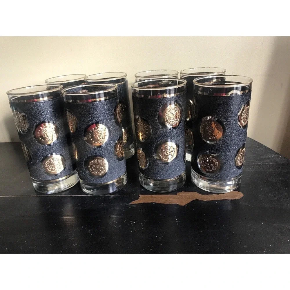 Libbey Black With Gold Coin Highball‎ Tea Glasses Set Of 2